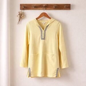 J. Jill Fit Yellow Hooded Tunic Sweatshirt Embroidered Size S Petite
